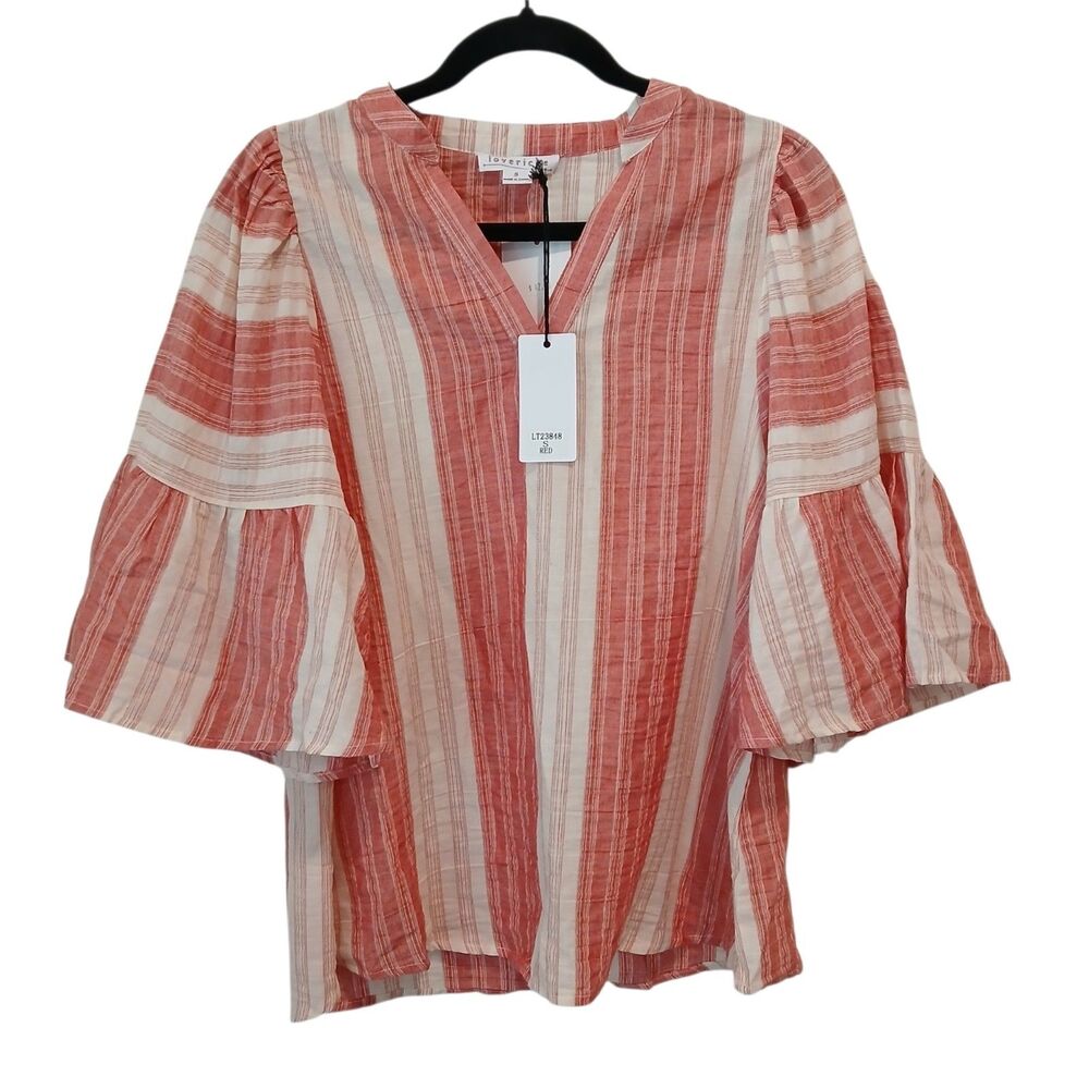 Loveriche NWT Cotton Red Striped Split Neck Flare‎ Sleeve Top Size Small Coastal